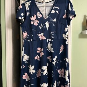 Floral Navy Dress with Pink and White Accents